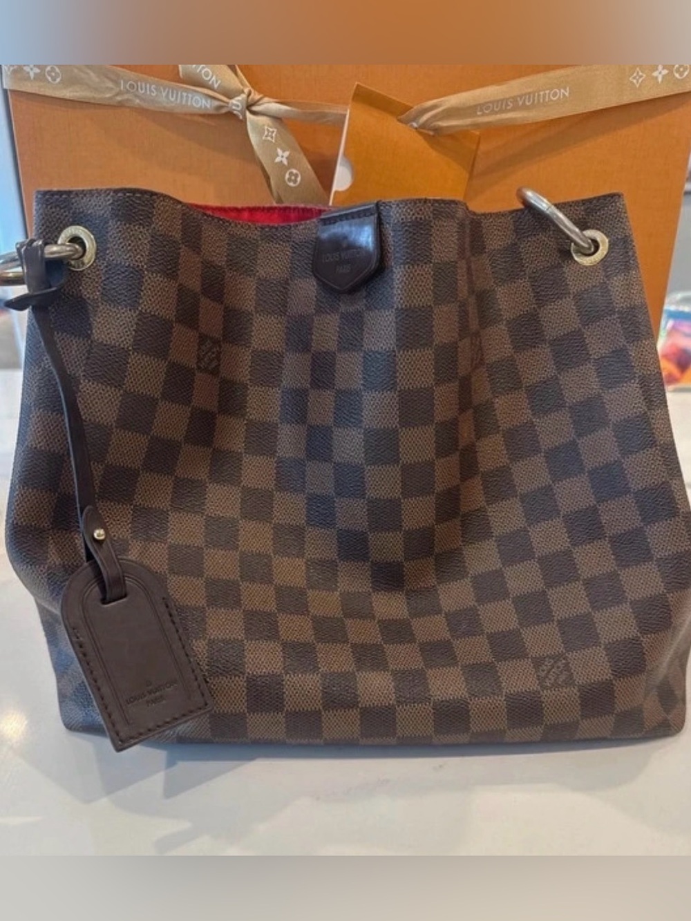Louis Vuitton Graceful PM Damier Canvas Tote with Red Interior